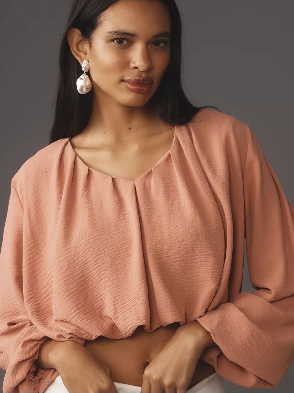 Bishop + Young Bubble Hem Long-Sleeve Blouse, Cropped, V Neck, Pink, Size M - Picture 13 of 16